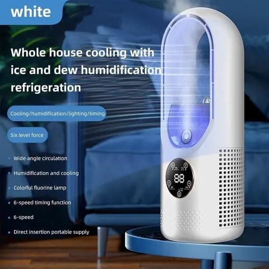 Bladeless Fan - 6 Speeds & Timer - USB Multifunctional Control with LED Display - Quiet & Portable for Bedroom, Kitchen, Office - White - 1 Unit white