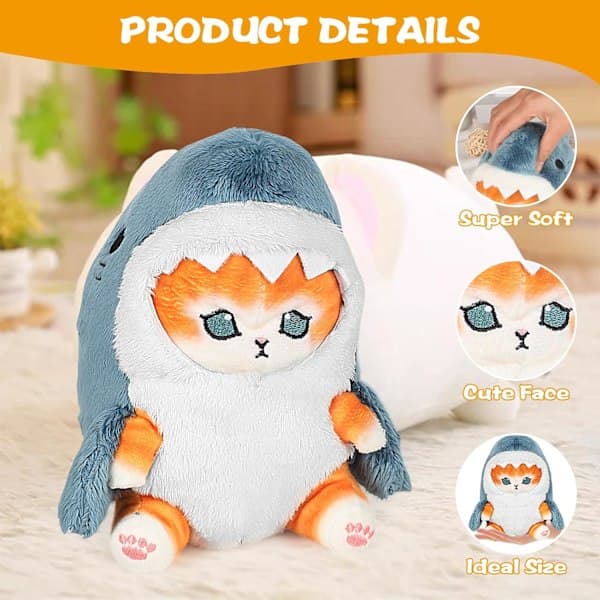 Cute Shark Cat Plush Toy, 8'' Cat Face Shark Plush Doll Soft