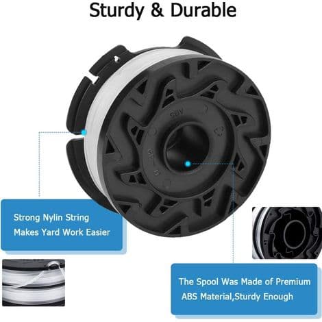 Pakke med 6 A6485 A6481 spoler for Black & Decker gresstrimmere, 6 x 9 m nylonsnor, 1,65 mm diameter snor + 1 hette +.