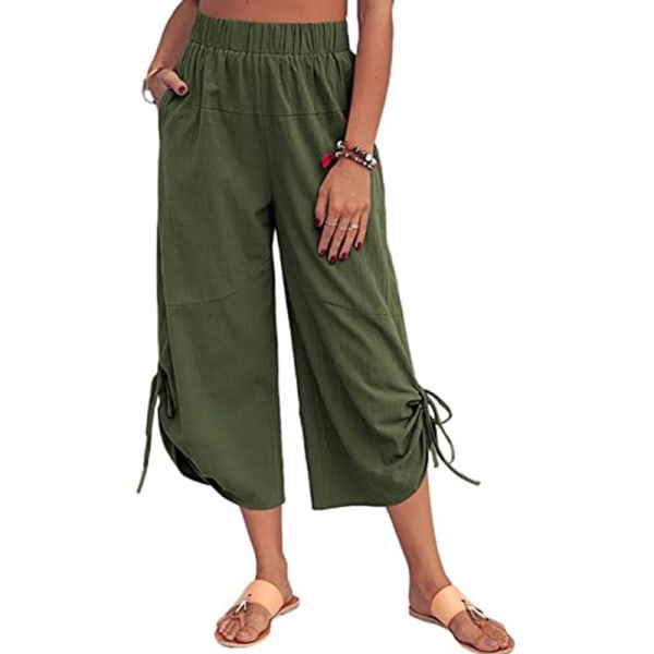 Dam Capri-byxor med elastisk midja med fickor, beskurna byxor Green L