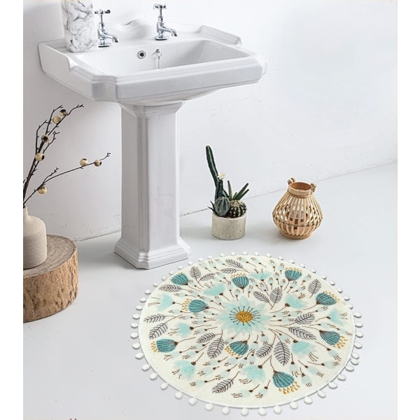 Liten rund matte 2' Sirkel Søt Badematte med dusker Frynser Blomsterplanter Baderomsmatte Vaskbar Myk, sklisikker rund matte Matte for Dusj Vask Servant Powd
