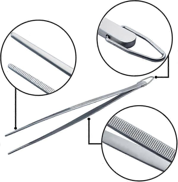 Erittäin pitkät pinsetit 30 cm ruostumattomasta teräksestä koukulla, 2 kpl:n setti