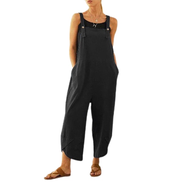Kvinner ermeløse løse jumpsuits med lommer Knapp Uformell black XL