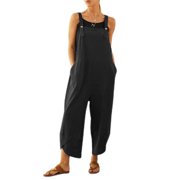 Kvinnors ärmlösa lösa jumpsuits med fickor Knapp Casual black L