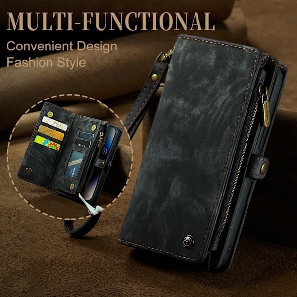 [QD] Lommeboketui med magnetisk avtakbart deksel [8 kortspor] iPhone 14 Pro Max Lommebok Clutch med håndleddsrem (Svart)