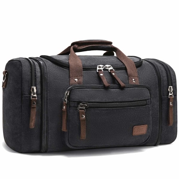 Canvas Duffelväskor Nya Två Sidofickor med Fack för Unisex Weekend Daypack Stor Holdall Resväska (Svart)