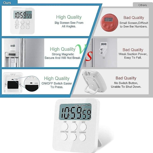 Køkkenur Magnetisk Digital Timer og Stopur Køkken Alarm Timer Korttidsalarm Ur Med Lyd Og Lyssignal, Perfekt Køkken Timer Timer C