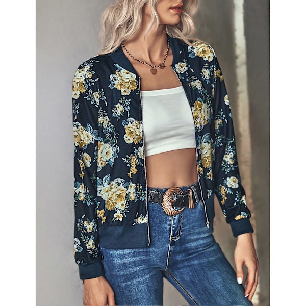 Dame Langærmet Lynlåsjakke Blomsterprint Slim Fit Casual Jakke til Daglig Udendørs Shopping
