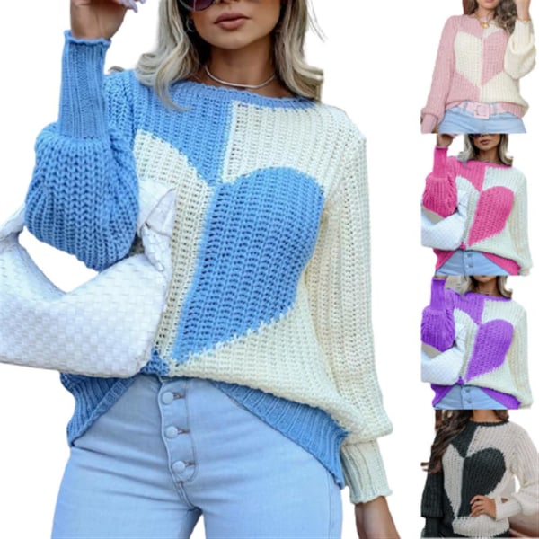 Kvinners vinterermer Love Contrast Color strikket genser blue XL