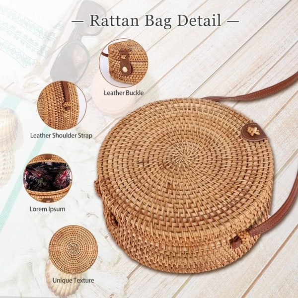 Rund rottingväska, bohemisk rottingväska handgjord rund vävd väska för kvinnor sommar strandväska klassisk rotting axelväska chic halm crossbody vä...
