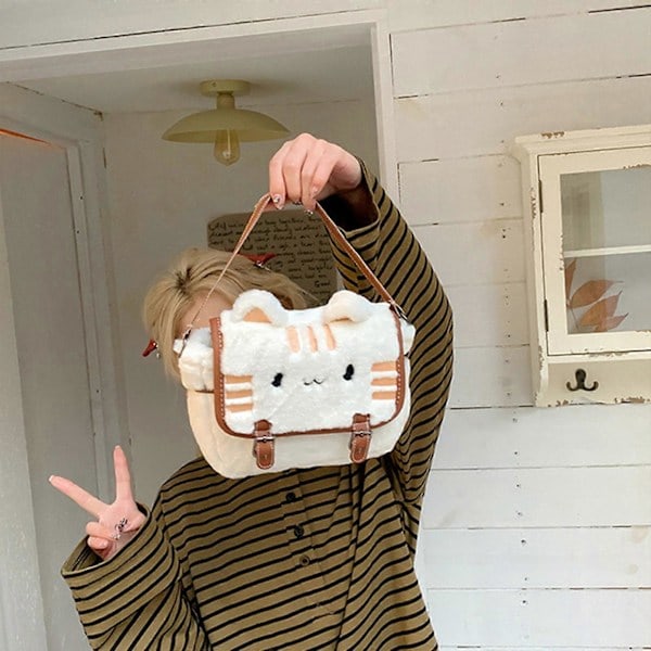 Trendig Crossbody-väska för Kvinnor Tecknad Väska Härlig Messenger-väska Plysch Handväska Katter Axelväska Shopping Dejtingväska Vit GS Khaki