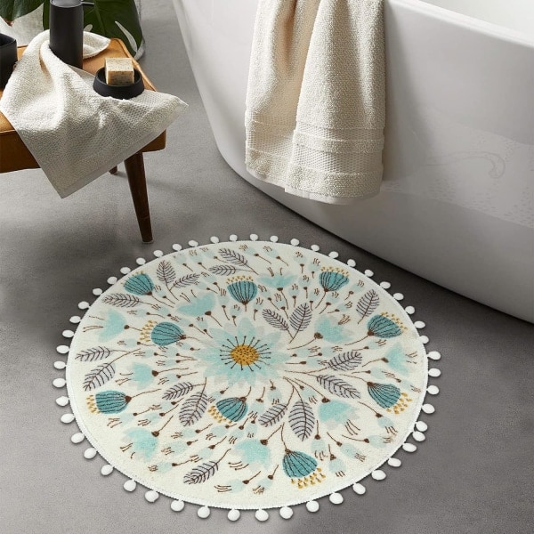 Liten rund matte 2' Sirkel Søt Badematte med dusker Frynser Blomsterplanter Baderomsmatte Vaskbar Myk, sklisikker rund matte Matte for Dusj Vask Servant Powd