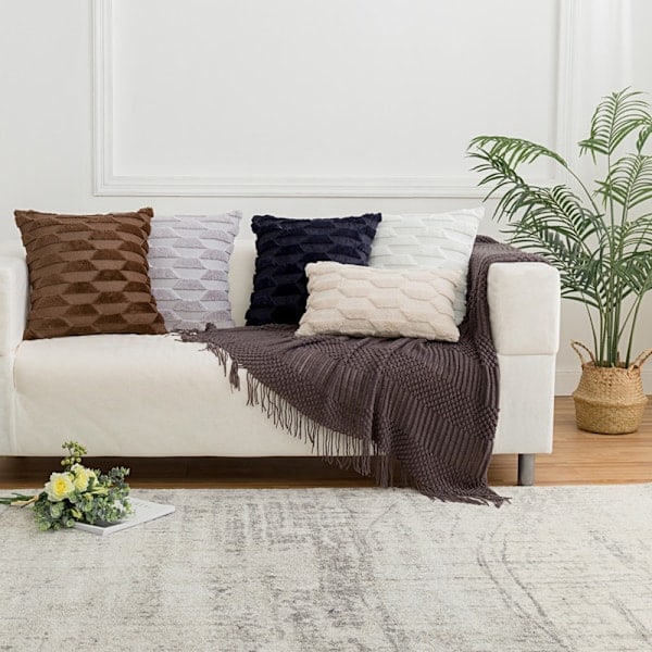Geometrisk Trapets Plysch Soffkudde Överdrag Enfärgat Prydnadskudde Överdrag för Hemmet (2st, Ren Vit, 45*45cm)