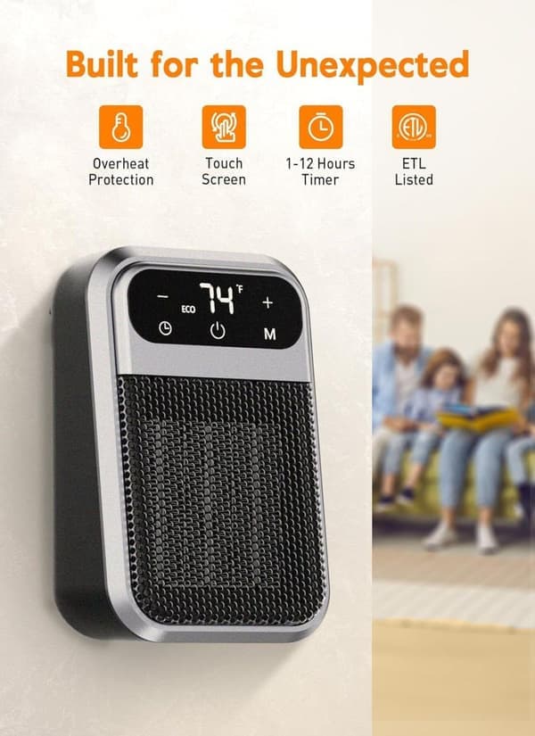 Wall Mounted Heater with Remote Control - 800W Plug-in Heater with LED Display, Adjustable Thermostat and Timer