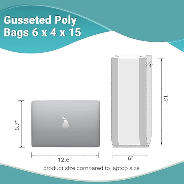 Pakke med 50 Polyposer med Kile 6 x 4 x 15. Klar Polyetylenposer 6x4x15. Tykkelse 2 Mil. Ekspanderbare Sidekileposer. Åpne Poser for Ind