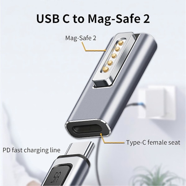 Adapterladdare Snabbladdning Magnetisk Aluminiumlegering PD USB C till Mag-Safe 2 Strömomvandlare för MacBook Air/Pro