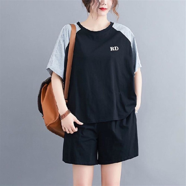Kortärmad T-shirt för kvinnor + Shorts Set Casual Loungwear Black 4XL