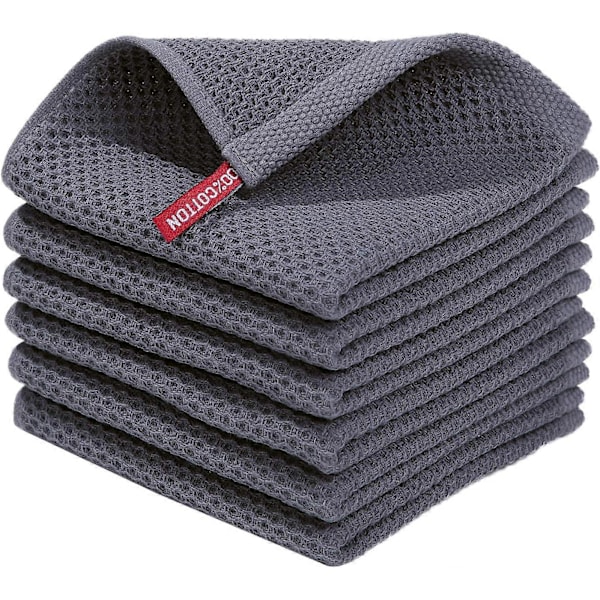 100% Bomuld Vaffelvævet Køkkenviskestykker, Ultra Bløde Absorberende Hurtigtørrende Viskestykker, 30x30 cm, 6-pak, Mørkegrå