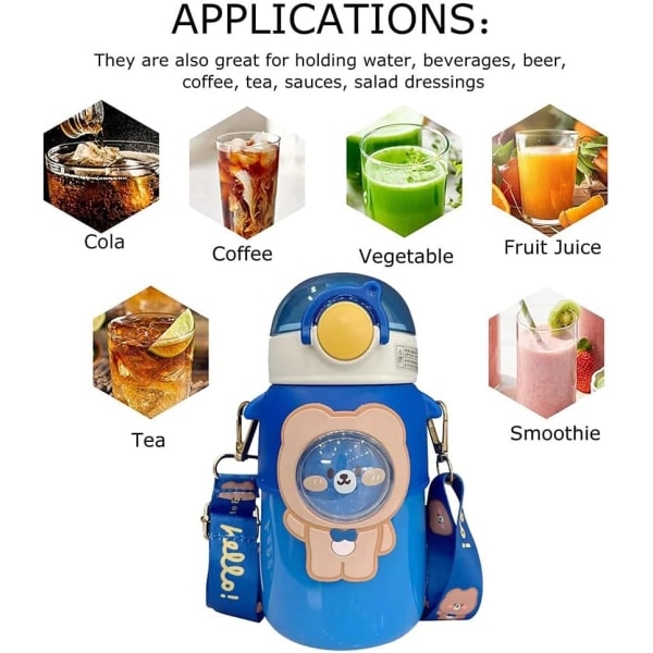 Kawaii vannflaske med sugerør, søte vannflasker med 3D Kawaii-klistremerke, rustfritt stål vannflaske 600 ml (blå) Blue