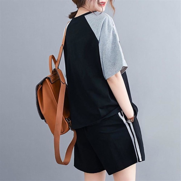 Kortärmad T-shirt för kvinnor + Shorts Set Casual oungwear Black L
