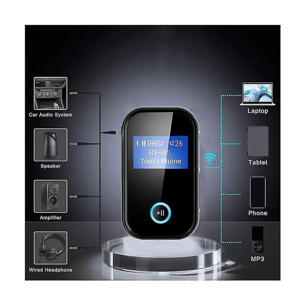 Bluetooth-adapter med skjerm, trådløs 5.0 Bluetooth-mottaker for bil med 3,5 mm lydkabel