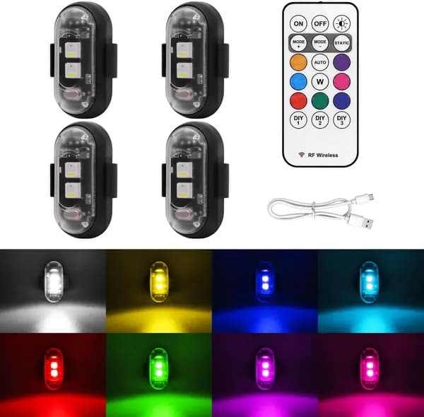 4pcs Wireless LED Strobe Lights with Remote Control, 8 Colors USB Charging Waterproof Warning Lights_Quality Gift Black