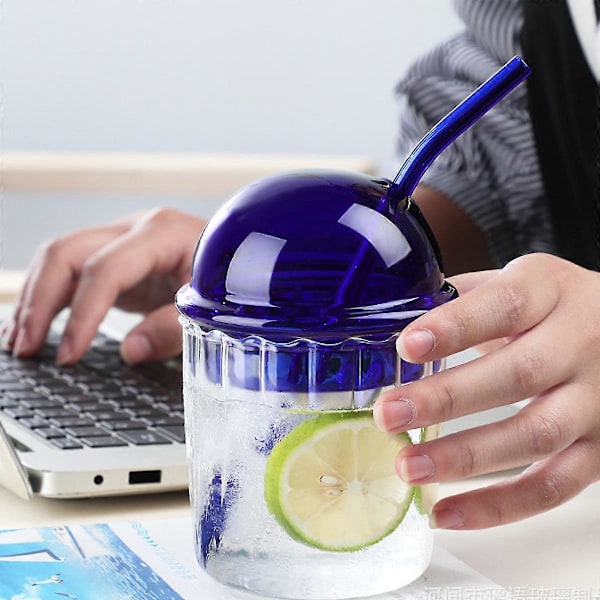 Glasdricksburk med Lock Sugrör Återanvändbar Boba Mugg för Fruktjuicedrycker Iskaffe Smoothie Läsk Mjölk, Randigt Glas, Kleinblå