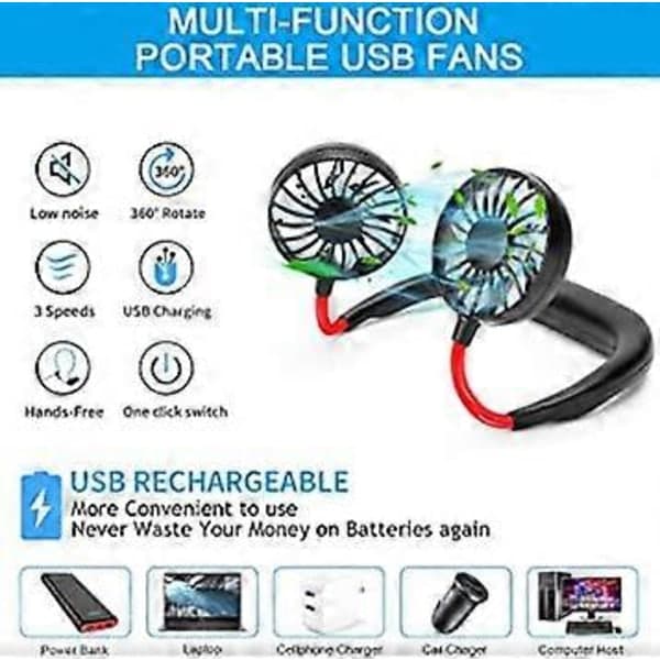 Bærbar Halsventilator, Mini USB Genopladelig Ventilator Hovedventilator til Ansigt Håndventilator, Lille Halsventilator