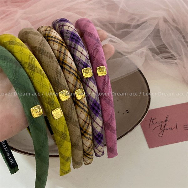 Söta och söta fyrkantiga färgglada pannband i rutigt tyg Mode håraccessoarer för kvinnor Pink
