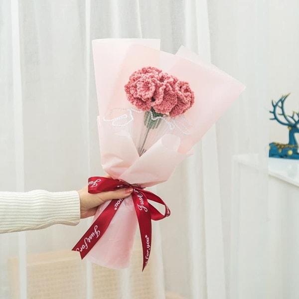 Garn hæklet lyserød nellike kunstig blomsterbuket dekoration hjem have dekoration