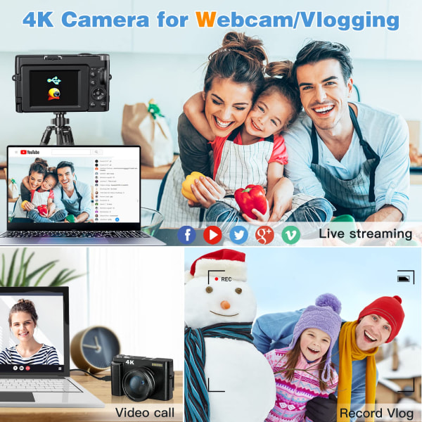 4K digitalkamera 180° flip skærm med blitz 16X digital zoom rejsekamera Black