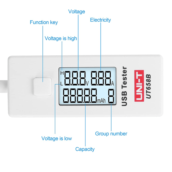 UNI-T UT658 USB-testare, DC 5.1A 30V Amp USB-spänningstestare, testa hastigheten på laddare, kablar och kapacitet för powerbanks