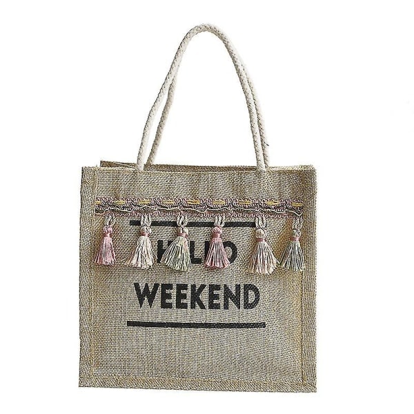 Kvinners Dusk Trim Jute Strandveske Shopping Bag Med Håndtak Svart