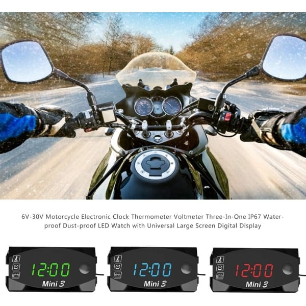 3 i 1 digital motorcykelurtermometer Digital voltmeter Styrbeslag IP67 vandtæt ur med stor skærm, 12v/24v (grøn)
