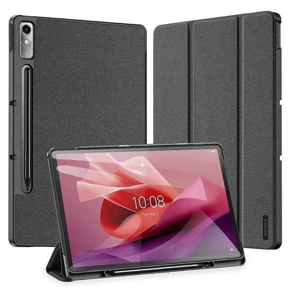 DUX DUCIS Domo Series PU Læder Smart Case til Lenovo Tab P12, Tri-fold Stand Auto Vågn Op Sov Tablet Cover Sort