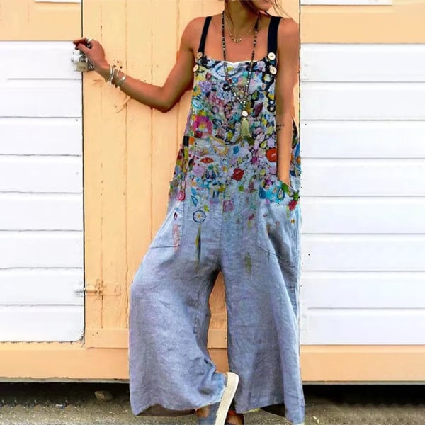 Kvinnor vida ben jumpsuits Bohemian långbyxor Denim Blue XL