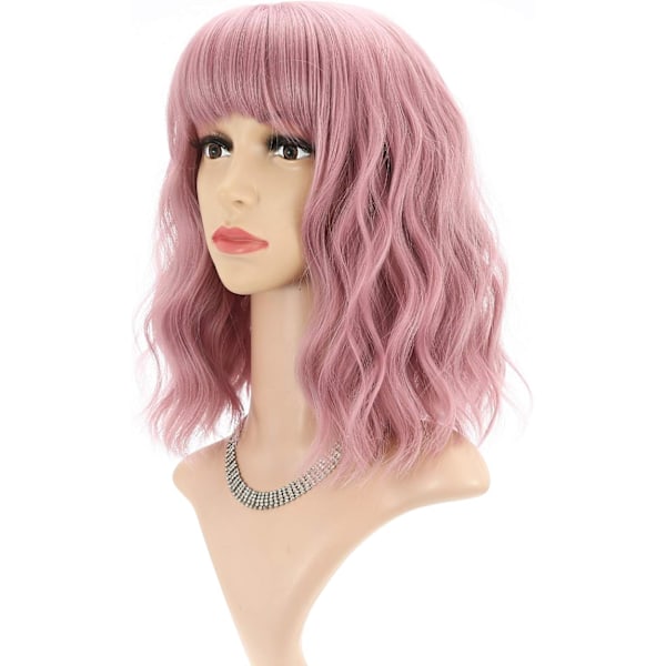 Kort Bølgete Rosa Bob Parykk med Skulderlang Pannelugg, Kort Parykk for Kvinner, Syntetisk Cosplay Parykk, Rosa