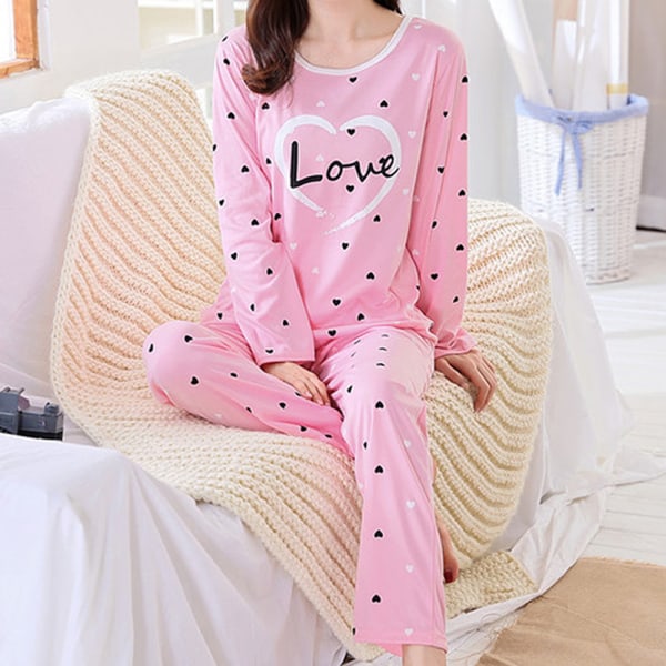 Långärmad pyjamas för kvinnor, 2-delad byxset för kvinnor Set pink heart M