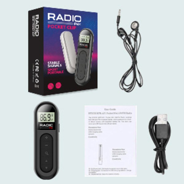 Uppladdningsbar mini radio liten ficka liten bärbar äldre FM FM med bältesclip konferens black