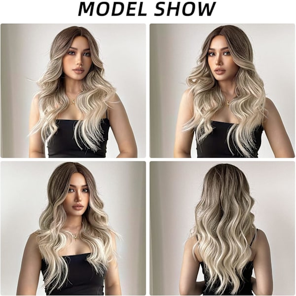 Lång vågig gradient brun till blond peruk för kvinnor, gradientfärgad peruk, lämplig för daglig festrollspel