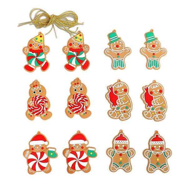 Festlige pepperkakemenn, miniatyr juledekor med forskjellige mønstre for juletre, festdekor og gaveutdeling, slitesterk myk PVC, sett