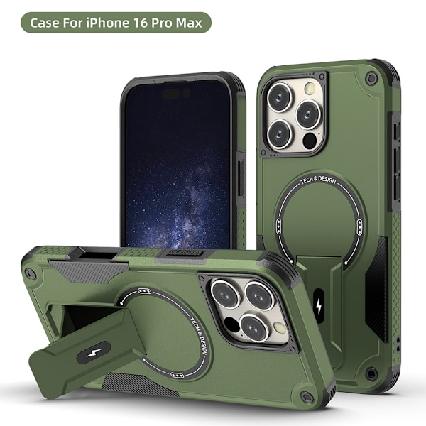 Fyrhörns anti-fall magnetiskt osynligt stativ mobilskal lämpligt för iPhone1516promax Army Green iPhone16E