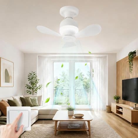 ConBlom Mini LED Loftventilator med Lys, E27 Fatning, Kraftig Luftstrøm, Stille Drift, Moderne Bærbare Loftventilatorer til.