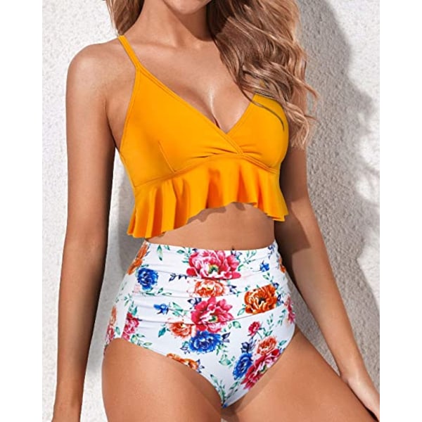 Tvådelad baddräkt för kvinnor med hög midja volang Bikini V-hals Gul 2XL Yellow Floral 2XL