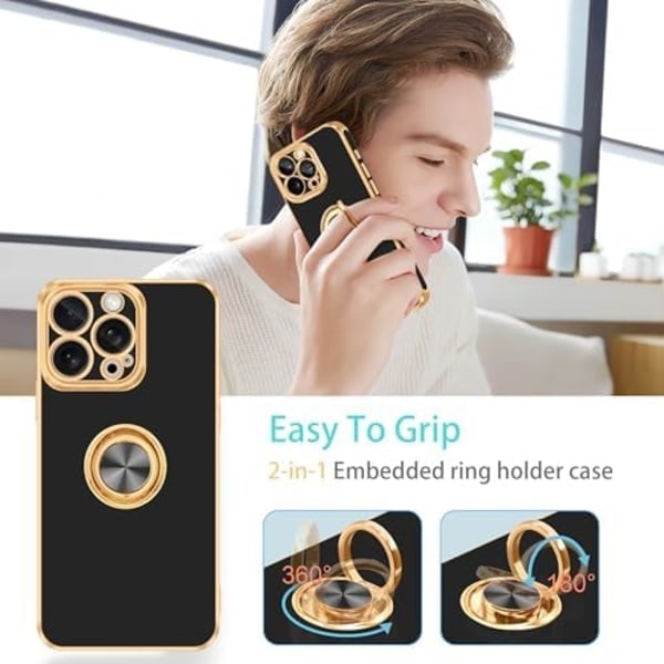 iPhone 16 Pro Max Deksel [med 360° roterbar ringholder][Støtte for magnetisk bilholder] Glanset forgylt tynt mykt TPU