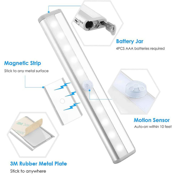 10 Led bevegelsessensor skaplys Batteridrevet magnetisk