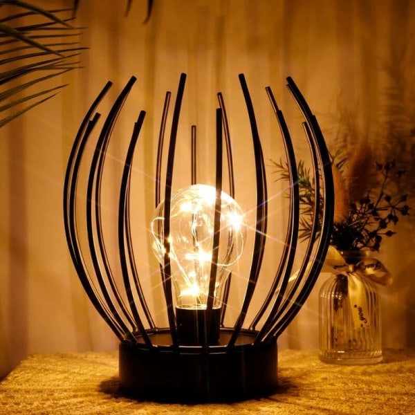 Metallbordslampa med bur, sladdlös batteridriven lampa med Edison-glödlampa, perfekt för bröllop, fester, uteplatser, inomhus och utomhusbruk