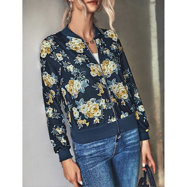 Dame Langærmet Lynlåsjakke Blomsterprint Slim Fit Casual Jakke til Daglig Udendørs Shopping