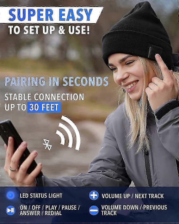Bluetoothmössa - Trådlös mössa med hörlurar för män och kvinnor Black
