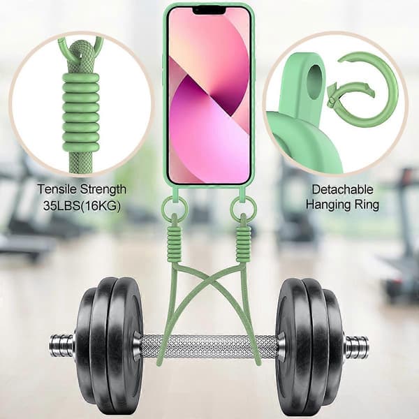 Flydende silikone etui til iPhone 14 Plus / iPhone 15 Plus med kortholder og kort rem, grøn